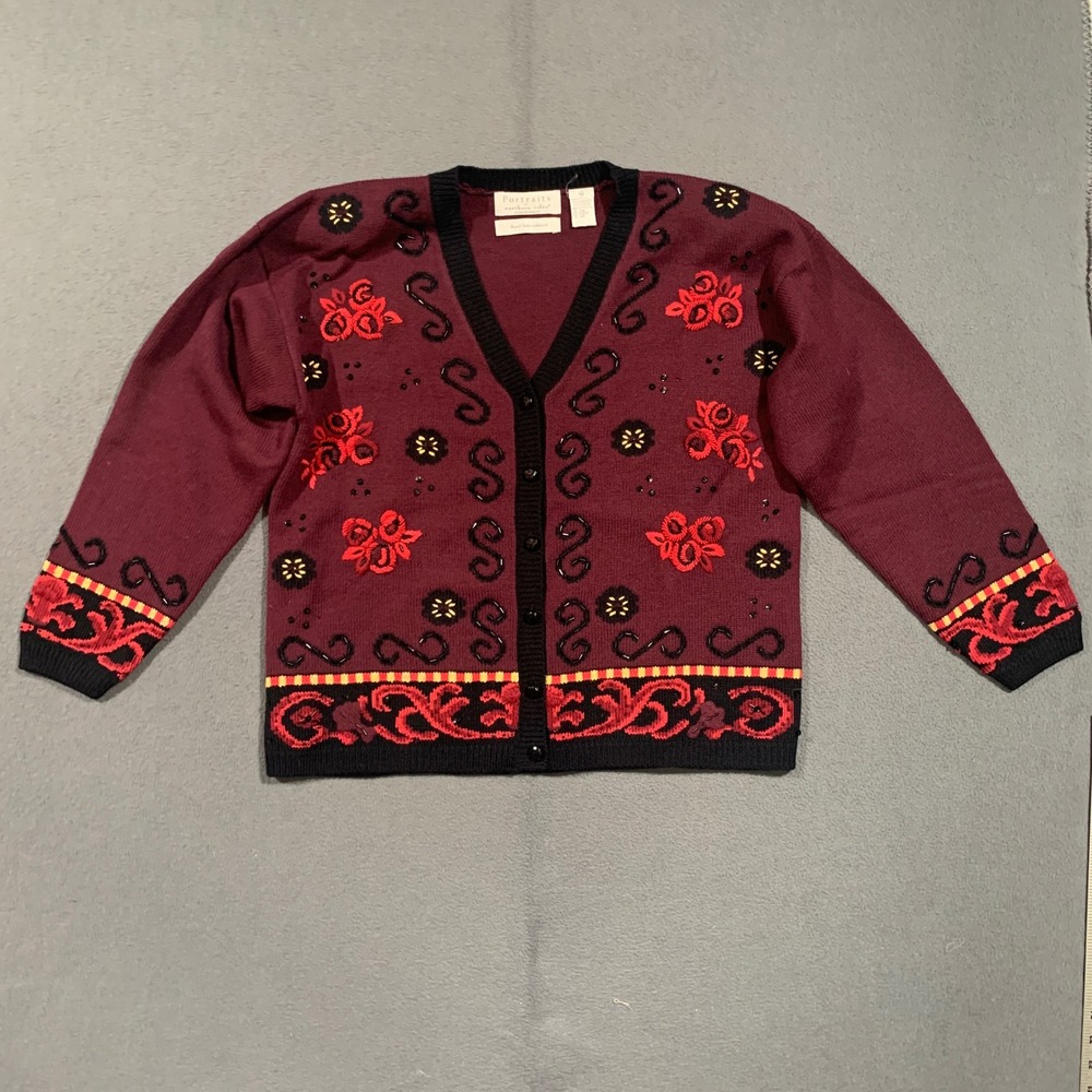 VTG Portraits Northern Isles Hand Embroidered Beaded Cardigan Lambswool Blend M
